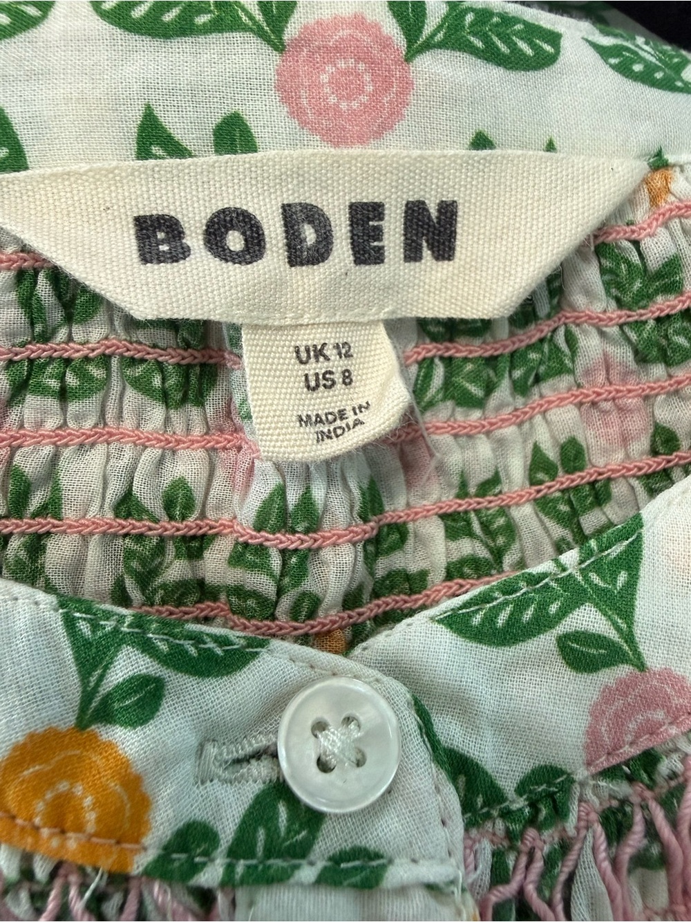 Boden Effie Smocked Split V-Neck Floral Top Long Sleeve Boho Green Pink Size 8 - Picture 8 of 14